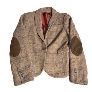 Zara Basic Lambswool Tan Plaid Blazer Elbow Patches Womens Size Medium Old Money